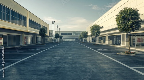 Wallpaper Mural A wide, empty parking lot flanked by modern commercial buildings under a clear sky. Torontodigital.ca