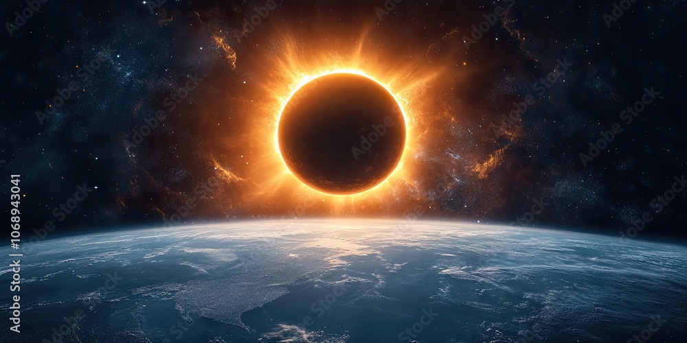 Obraz premium A breathtaking eclipsed sun shines over Earth in the vast, dark universe, highlighting the intriguing concepts of outer space and the wonders of astronomy.