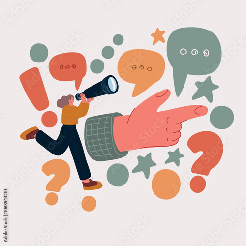 Cartoon vector illustration of a woman looking through a spyglass, with a large hand pointing in the right direction