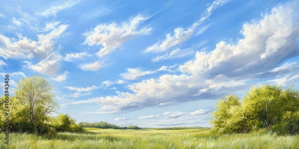 A lively spring scene features bright blue skies, soft, fluffy clouds, and abundant, vibrant green grass, creating a beautiful natural setting full of life and color. A lively spring scene features bright blue skies, soft, fluffy clouds, and abundant, vibrant green grass, creating a beautiful natural setting full of life and color.