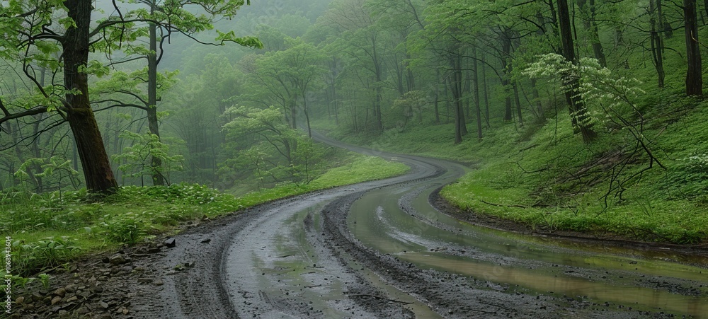 Obraz premium A winding dirt road through a lush green forest, surrounded by trees and mist. 