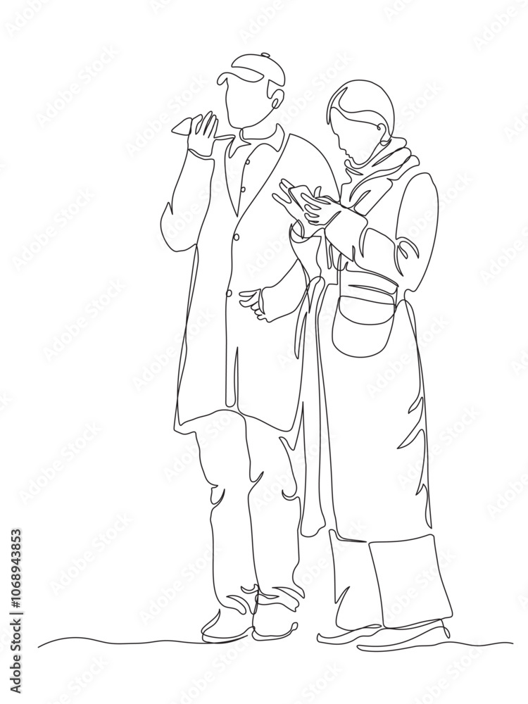 Couple standing using phones. Wear warm coats in winter season. Continuous line drawing. Black and white vector illustration in line art style. Couple standing using phones. Wear warm coats in winter season. Continuous line drawing. Black and white vector illustration in line art style.