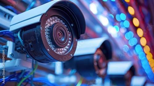 Security cameras installed in a tech environment with colorful lighting at night
