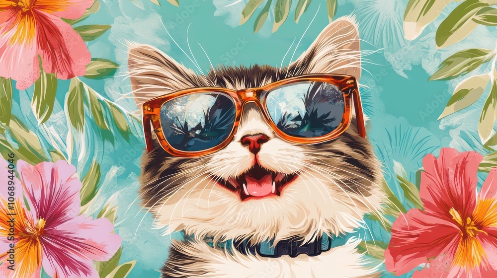 A cheerful cat wearing sunglasses surrounded by tropical flowers. A cheerful cat wearing sunglasses surrounded by tropical flowers.