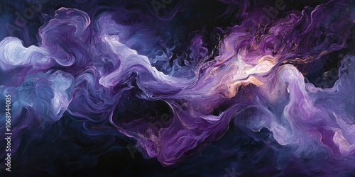 A striking abstract representation of purple flames intertwined with smoke set against a dark backdrop creates a compelling and powerful visual impact.
