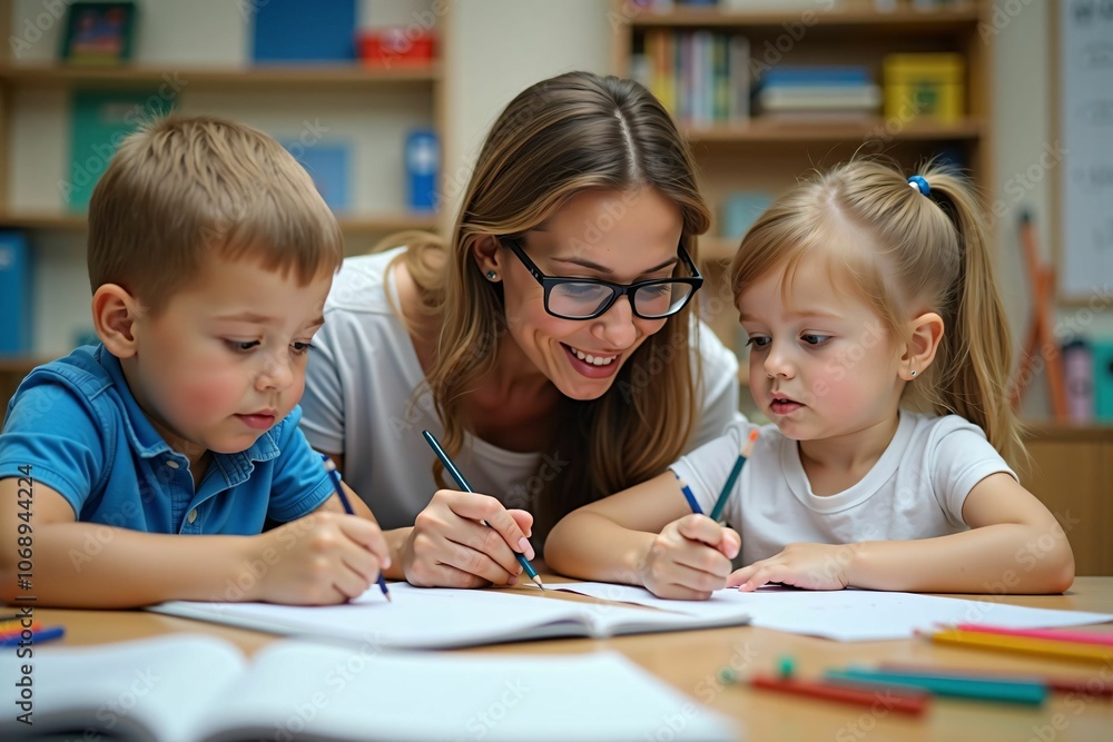 Encouraging Teacher Helping Young Kids in Creative Learning Activities at School
