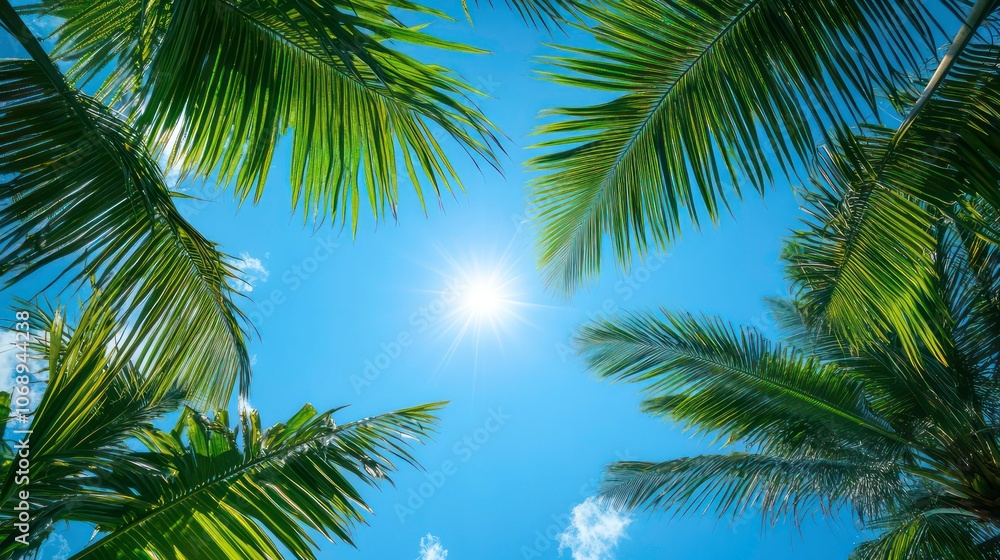 An image of palm leaves on a bright blue sky with sun at ground level, a tropical beach and summer vacation background in a summer holiday concept, An image of palm leaves on a bright blue sky with sun at ground level, a tropical beach and summer vacation background in a summer holiday concept,