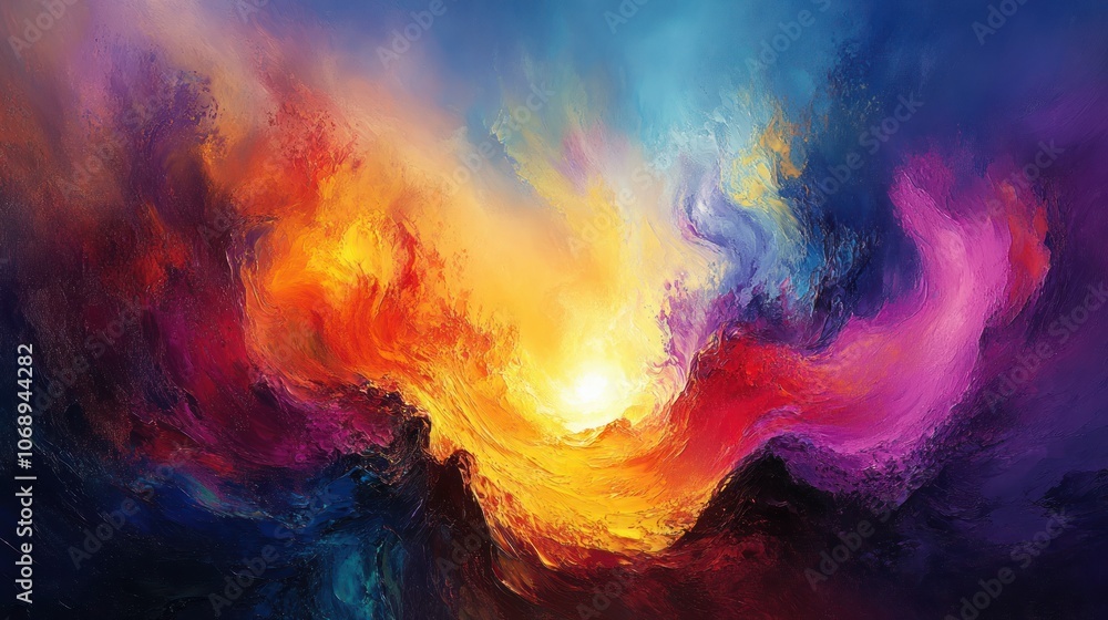 Abstract colorful painting with a vibrant palette of colors, depicting a swirling, dreamlike landscape with a glowing light source in the center. Abstract colorful painting with a vibrant palette of colors, depicting a swirling, dreamlike landscape with a glowing light source in the center.