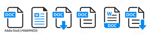DOC file format icons set. DOC file download symbols. Format for text, writing, images, tables - stock vector.