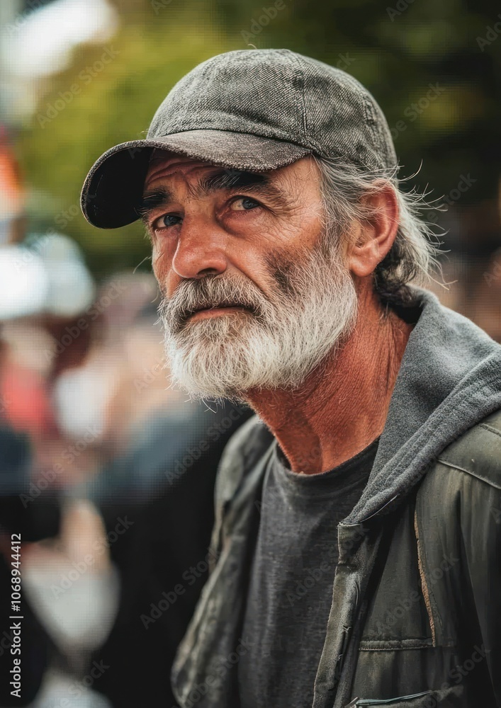 A close-up portrait of an older man with a beard, wearing a cap, amidst a blurred crowd. A close-up portrait of an older man with a beard, wearing a cap, amidst a blurred crowd.