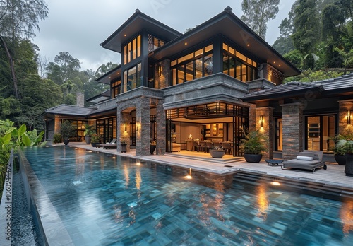 Luxury Villa Exterior with Swimming Pool in Phuket at Night