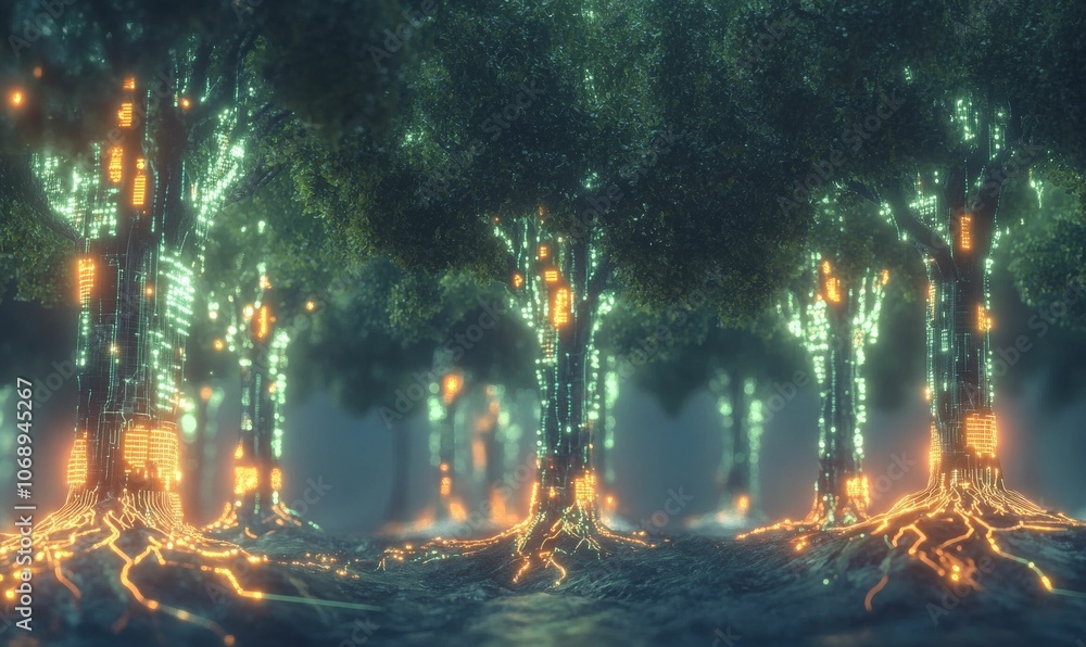 Glowing trees in a digital forest. Glowing trees in a digital forest.