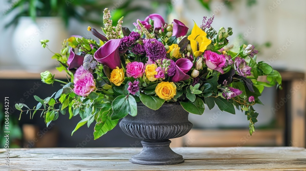 A vibrant floral arrangement in a decorative vase, showcasing various flowers and greenery. A vibrant floral arrangement in a decorative vase, showcasing various flowers and greenery.