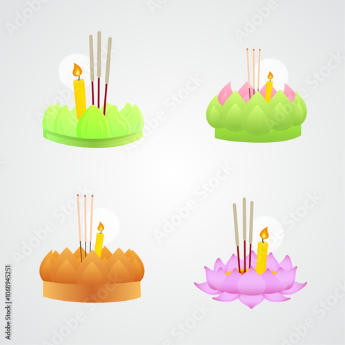 set Krayong lantern lotus flower incense candle for Loy Kratong festival asia thailand illustration clip art isolate