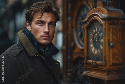 A young man stands captivated by beautiful antique clocks displayed in an old shop, bathed in soft winter light. The intricate details of the clocks reflect the artistry of a bygone era