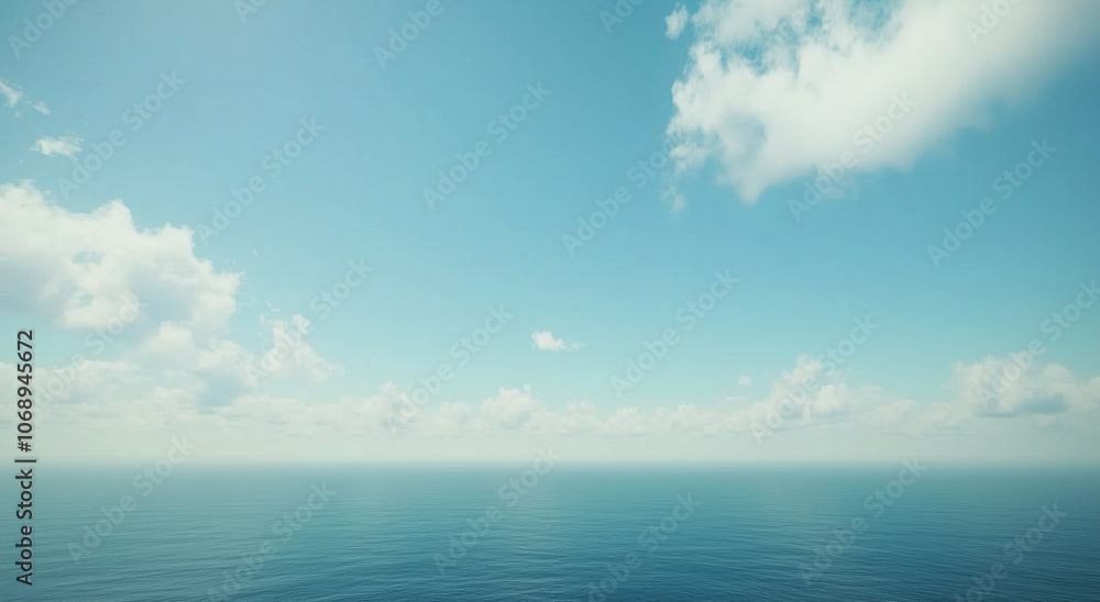A distant view of a calm ocean horizon under a clear sky with soft clouds A distant view of a calm ocean horizon under a clear sky with soft clouds