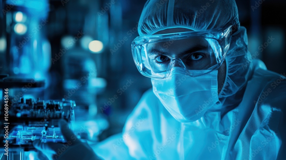 Technician in a cleanroom wearing sterile gear while assembling electronics Technician in a cleanroom wearing sterile gear while assembling electronics