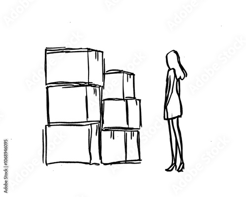 Modern line art of a man handling inventory. Boxes of inventory are shown.