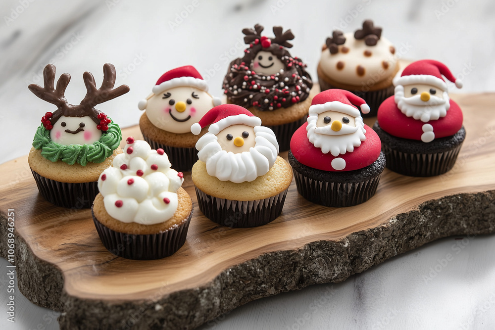 Christmas Cupcakes on a Wooden Serving Tray Christmas Cupcakes on a Wooden Serving Tray