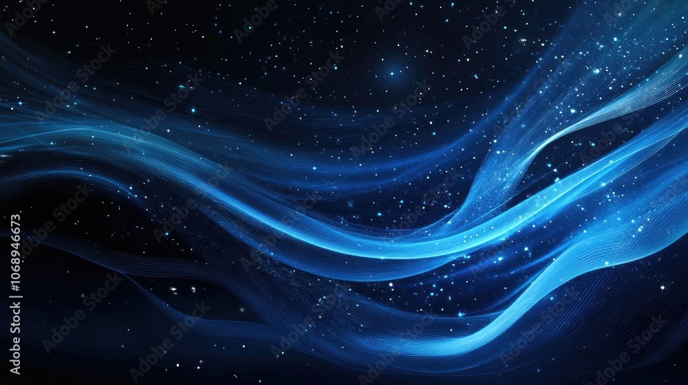 Dark blue abstract background with flowing wavy lines and starry decorations, forming an elegant atmosphere perfect for digital art technology representations. Ample copy space included. Dark blue abstract background with flowing wavy lines and starry decorations, forming an elegant atmosphere perfect for digital art technology representations. Ample copy space included.