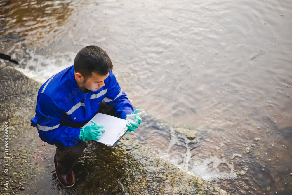 A water resource engineer checks the purity of water in a scientific glass bottle and records it on paper. A water resource engineer checks the purity of water in a scientific glass bottle and records it on paper.