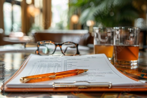 Wallpaper Mural A clipboard with a document lies on a tabletop, accompanied by an orange pen, glasses, and two glasses of a refreshing drink. The setting exudes a warm and inviting atmosphere Torontodigital.ca