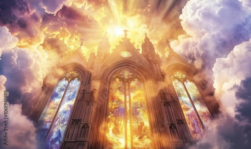 Stained glass church windows with heavenly light. photo