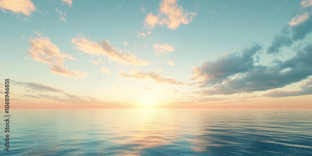 Naklejka premium Expansive Ocean View with Soft Morning Light and Puffy Clouds Under a Pastel Sky