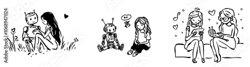 Line art modern of a woman talking to a robot. Emotional intelligence and AI. Line art modern of a robot working among colleagues. Working environments and changes.