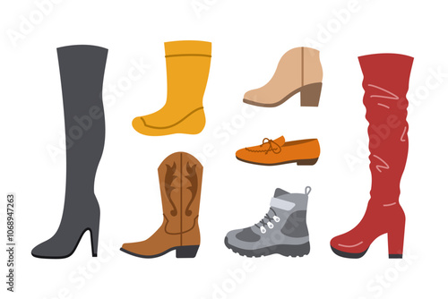 Women shoes. Different types of footwear for lady. High heels, thigh-high, cowboy boots, moccasins, hiking boots, rain boots. Simple color flat icons for clothing shop. Side view pictograms, isolated