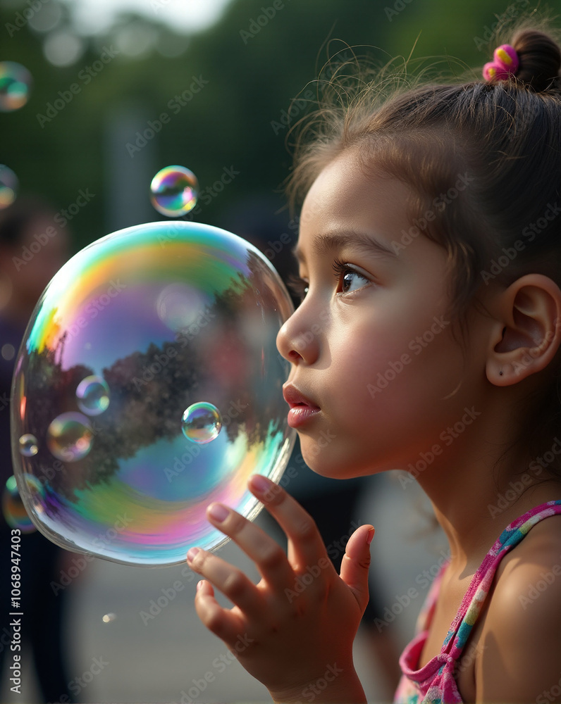 A close-up portrait of a bubble sculptor concentrating deeply as they blow a large bubble into a unique shape. A close-up portrait of a bubble sculptor concentrating deeply as they blow a large bubble into a unique shape.