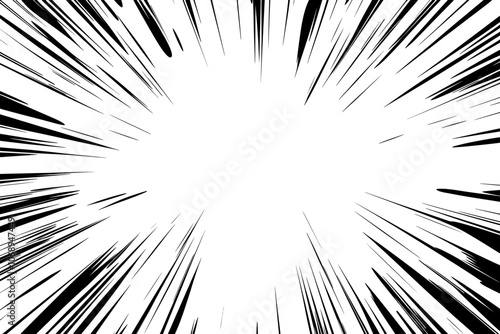 The sound of radial motion lines on a comic strip. The action and speed of an anime comic book hero in rays. Manga cartoon drawing explosions background.
