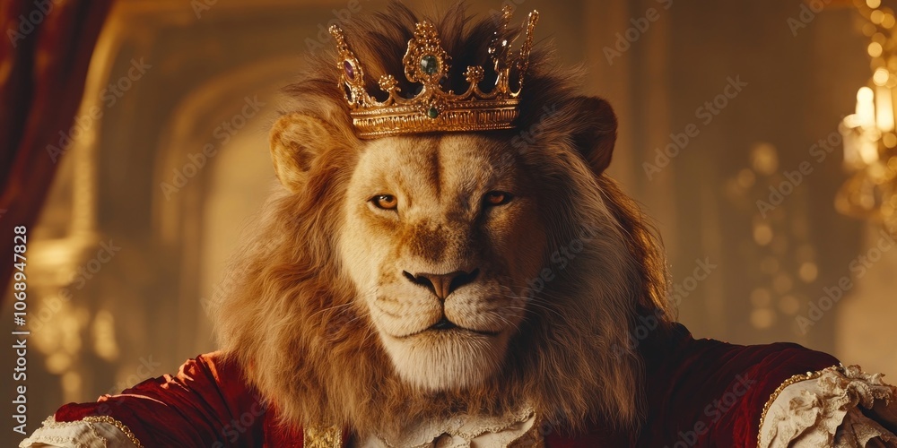A majestic lion is depicted wearing a crown and dressed in classic, vintage clothing, showcasing its royal and dignified presence. A majestic lion is depicted wearing a crown and dressed in classic, vintage clothing, showcasing its royal and dignified presence.