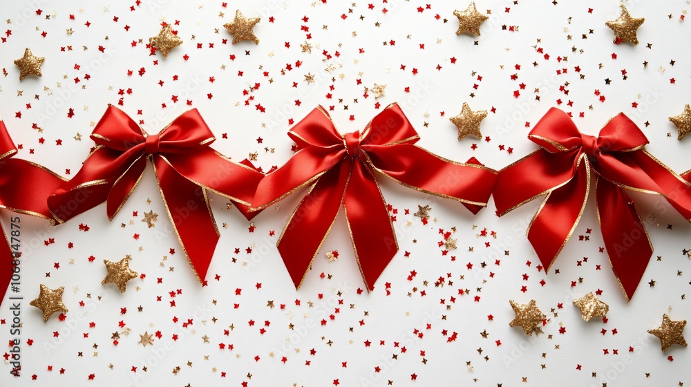 White background with red and gold ribbon gifts, stars and confetti on the sides, flat lay, top view, space for text, white color palette, white background, copy ceremony concept, mockup White background with red and gold ribbon gifts, stars and confetti on the sides, flat lay, top view, space for text, white color palette, white background, copy ceremony concept, mockup