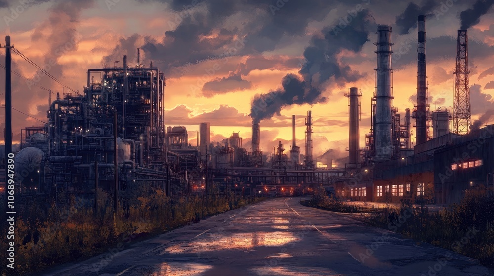 Industrial roads wind through an industrial landscape dotted with manufacturing factories and a power plant at dusk, capturing the essence of an industrial zone with ample copy space. Industrial roads wind through an industrial landscape dotted with manufacturing factories and a power plant at dusk, capturing the essence of an industrial zone with ample copy space.