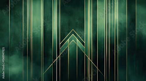 Vertical green art deco backdrop adorned with golden lines, creating a harmonious and symmetrical design that embodies luxury and elegance. Perfect for artistic compositions and layouts.