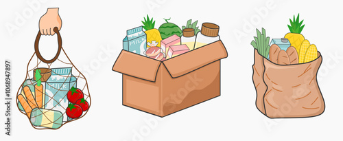 illustration of various grocery bags, including eco-friendly reusable bags and boxes filled with fresh produce. Ideal for content on sustainable shopping, grocery stores, and food packaging