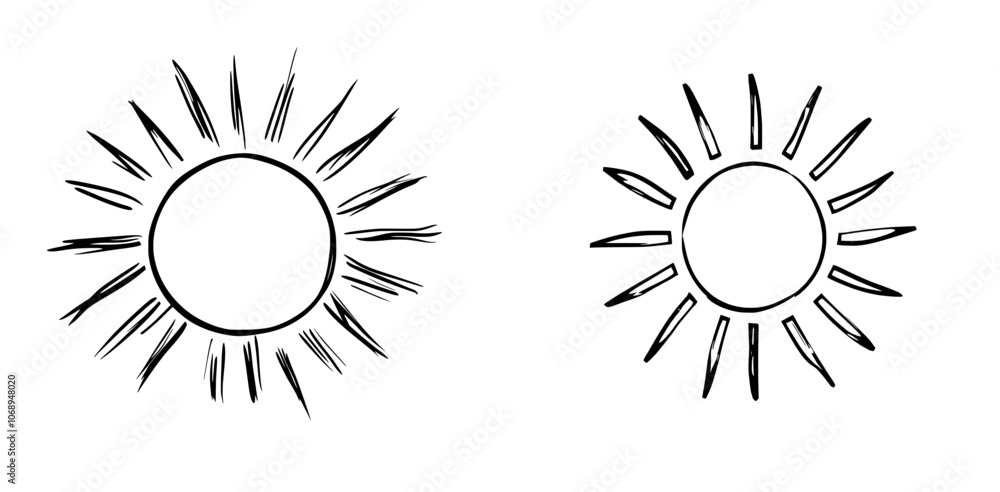 Fototapeta premium Illustration of a sun symbol or weather element in black line art or doodle
