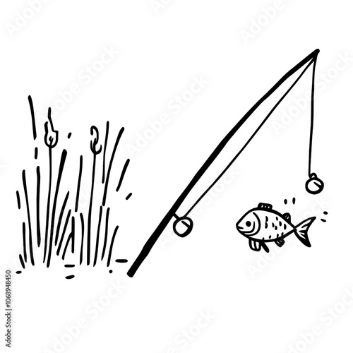 An illustration of a fishing rod drawn by hand in color