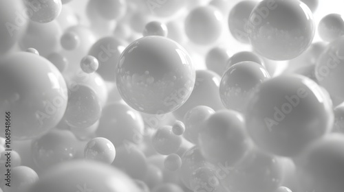 White abstract background with floating spheres and soft shadows, creating a sense of space and dimension