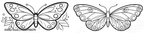 An isolated black and white design of a butterfly silhouette with a hand drawn silhouette.