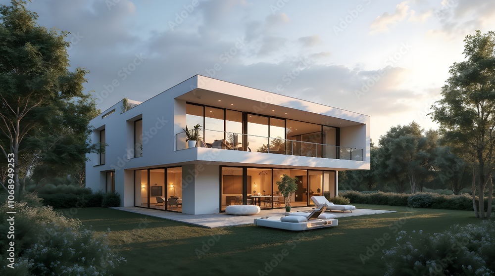 The image of a modern two-story house with a large glass facade, situated on a manicured lawn during sunset. Generative AI The image of a modern two-story house with a large glass facade, situated on a manicured lawn during sunset. Generative AI