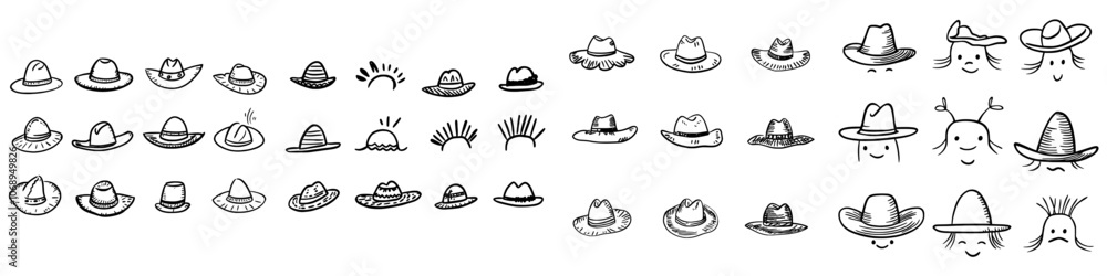 An isolated sombrero on a white background. Drawn in black and white. Simple outline style. You can change the colors as you wish. An isolated sombrero on a white background. Drawn in black and white. Simple outline style. You can change the colors as you wish.
