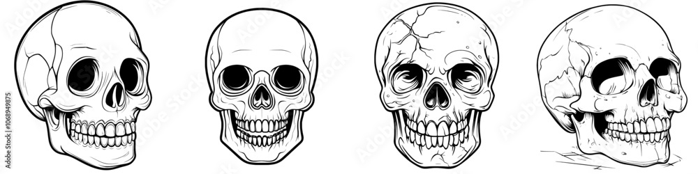 The skull icon of a black silhouette is used as a design element or as a Halloween decoration. It is isolated on a white background. The skull icon of a black silhouette is used as a design element or as a Halloween decoration. It is isolated on a white background.