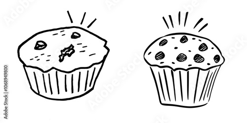 In this hand drawn, isolated modern illustration, chocolate muffins get a bite
