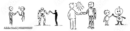 Hand drawn black and white illustration of a smiling man high-fiving a robotic assistant. The illustration shows an AI robot smiling and exchanging a high-five with the human.