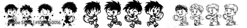 In the cartoon, a young boy with a rugby ball wears a sports outfit and plays rugby.