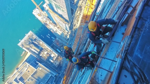 Workers using safety harnesses while working at heights on a construction