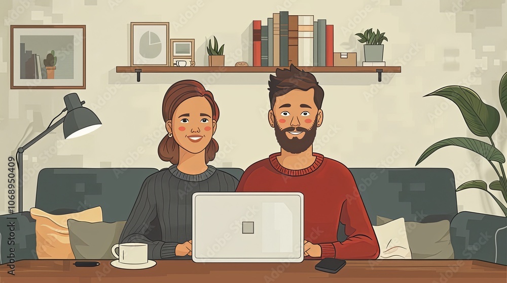 Fototapeta premium A happy couple discussing their finances at home, open laptop with budgeting software, warm and comfortable living room setting, financial planning and collaboration