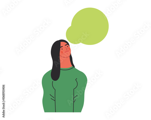 Thinking people, modern flat vector concept illustration- woman standing thoughtfully, looking upwards, bubble near head Metaphor for reflection, analysis, introspection, contemplation, deep thought